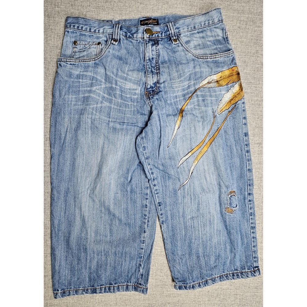 Miskeen Jean Shorts‎ Mens 36 Blue Embroidered Baggy Wide Hip Hop Jnco Emo Urban